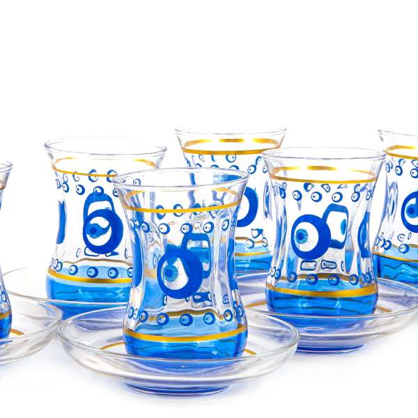 Set de 6 vasos de té turco de cristal con ojo turco