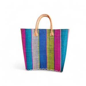 Cesta de palma con rayas multicolor